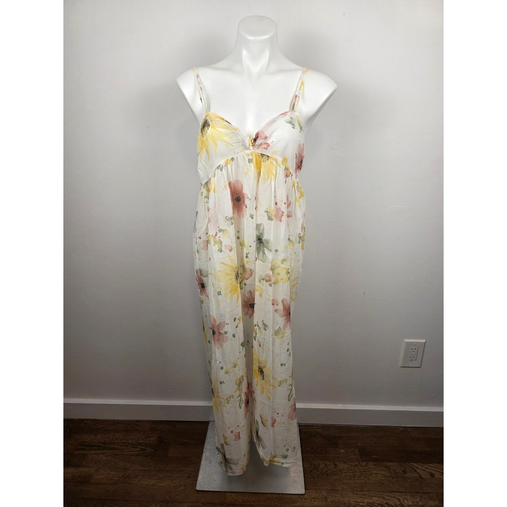 Louis Feraud Lingerie White Floral Cotton Sheer Maxi Dress Sunflowers Small